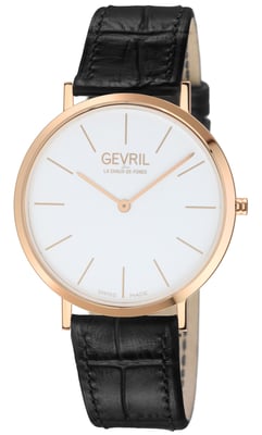 Gevril Men's 18K Rose Gold, White Dial, Handmade Italian Leather Strap.