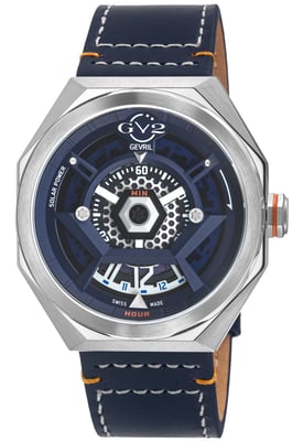 Stella Solar Power Swiss Quartz Black/Blue Dial,Blue/Orange Handmade Italian Leather Watch