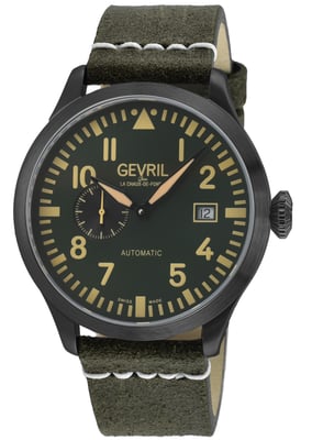 Gevril Men's Vaughn  SS/IPBKCase,SS Bezel Black/White Dial, Black Handmade Italian Leather Strap.