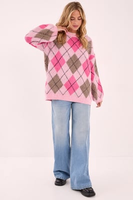 Brushed Argyle Ballon Sleeve Oversized Jumper