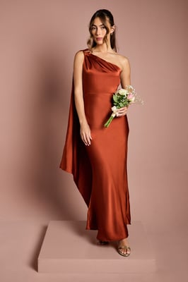 One Shoulder Satin Maxi Bridesmaids Dress With Gold Trim
