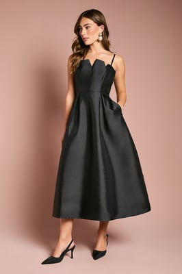 Notch Neck Detail Twill Midi Dress