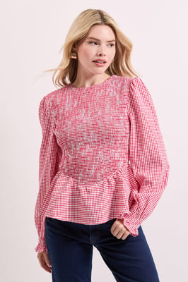 Gingham Shirred Bodice Blouson Sleeve Peplum Top