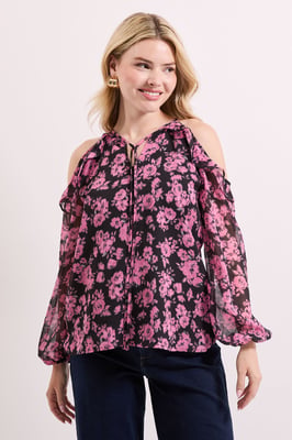 Floral Ruffle Detail Printed Chiffon Top