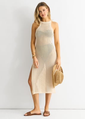 Beige Krokitstickad Bodycon Slitklänning