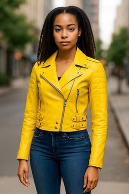 Womens Yellow Cropped Brando Leather Biker Jacket-Durban