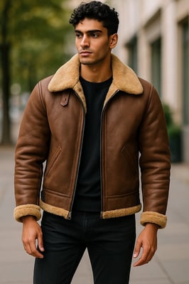 Herr Ginger Brown B3 WW2 Fårskinnsläder Flygande Aviatorjacka-Seshego