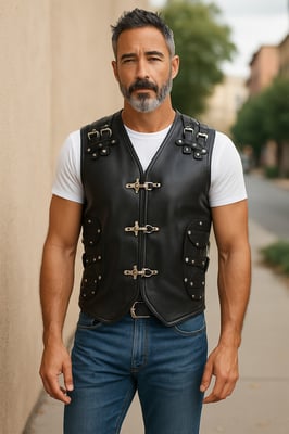 Heren zwart biker leren vest met metalen gespen - Pinetown