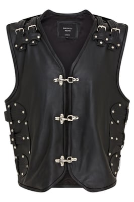 Heren zwart biker leren vest met metalen gespen - Coolgardie