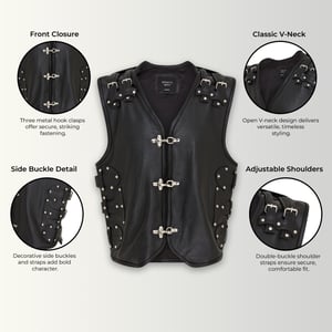 Heren zwart biker leren vest met metalen gespen - Coolgardie