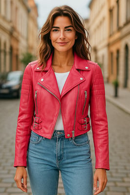 Womens Fuschia Pink Cropped Brando Leather Biker Jacket-Durban