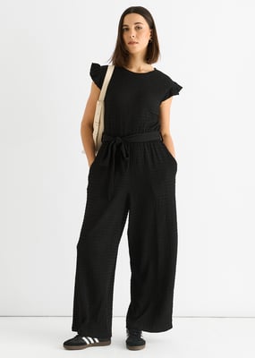Svart Stretch Texture Frill Jumpsuit med resår i midjan