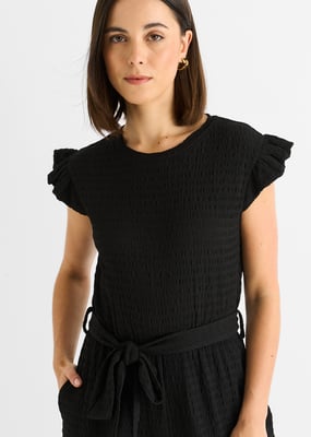 Svart Stretch Texture Frill Jumpsuit med resår i midjan