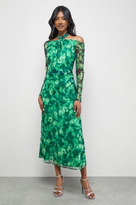Print Twist Mesh Midi Dress
