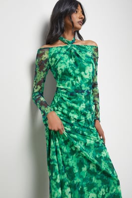 Print Twist Mesh Midi Dress