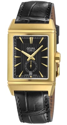 Gevril Men's Time Square 316L Stainless Steel IPYG Case, Black Dial, Black Handmade Italian Leather Strap.