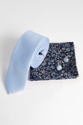 Light Blue Textured Tie, Floral Pocket Square with Cufflink Box Set