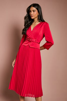 Satin Bodice ¾ Sleeve Pleat Skirt Belted Midi Wedding Guest Dress