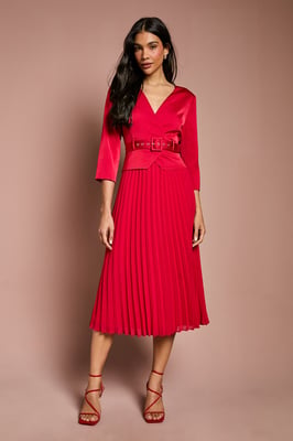 Satin Bodice ¾ Sleeve Pleat Skirt Belted Midi Wedding Guest Dress