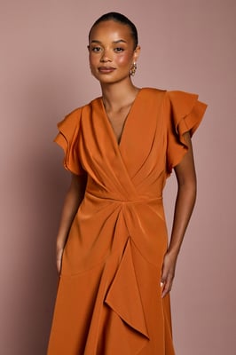 Petite Short Sleeve V Neck Wrap Front Midi Dress
