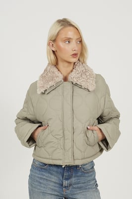 Pale Green Onion Qulited Jacket With Faux Fur Collar