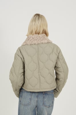 Pale Green Onion Qulited Jacket With Faux Fur Collar