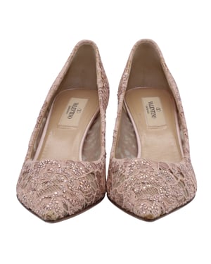 Valentino Pointed Lace Pumps in Nude Leather