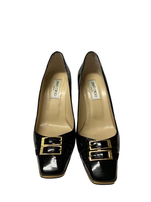 Jimmy Choo Double Buckle Toe Pumps in Black Patent Leather
