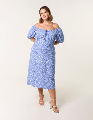 Curve Ditsy Print Milkmaid Stretch Crepe Midi Dress