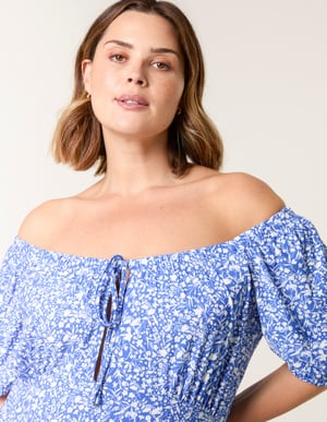 Curve Ditsy Print Milkmaid Stretch Crepe Midi Dress