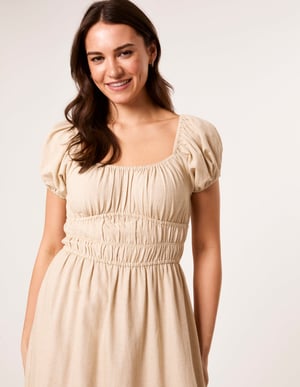 Puff Sleeve Shirred Panel Dress