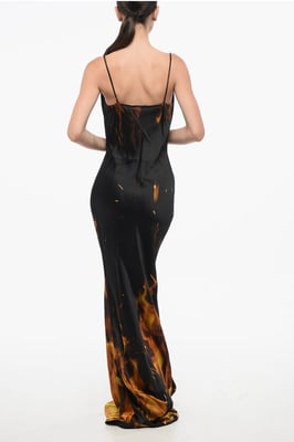 Lång satinklänning med flammönster i Arancio, Nero