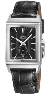 Gevril Men's Time Square 316L Stainless Steel Case, Black Dial, Black Handmade Italian Leather Strap.