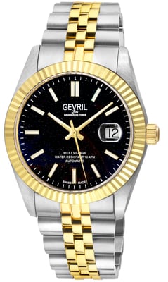 Gevril Men's Automatic West Village. 316L Stainless Steel  IPYG Case, Black Spinal Dial, 316L Stainless Steel IPYG Bracelet.