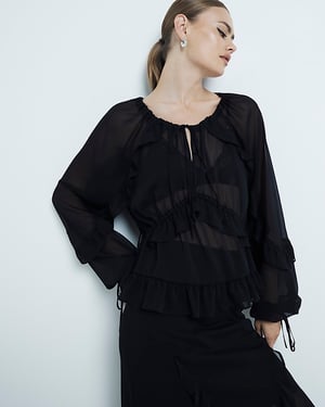 River Island Womens Blouse Black Chiffon Ruffled Tie Detail