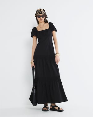 River Island Womens Midi Dress Black Short Puff Sleeve