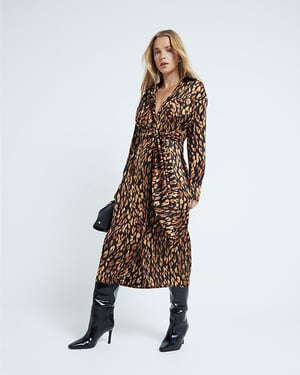 River Island Womens Midi Shirt Dress Black Leopard Print