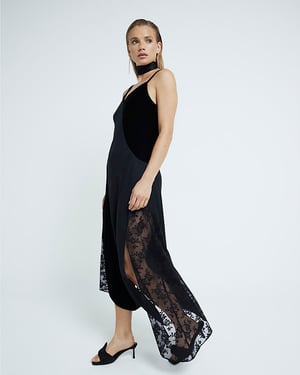 River Island Womens Midi Slip Dress Black Satin Velvet And Lace