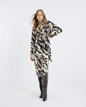 River Island Womens Midi Shirt Dress Cream Long Sleeve Tie Zebra