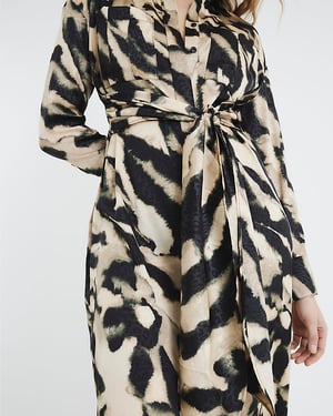 River Island Womens Midi Shirt Dress Cream Long Sleeve Tie Zebra