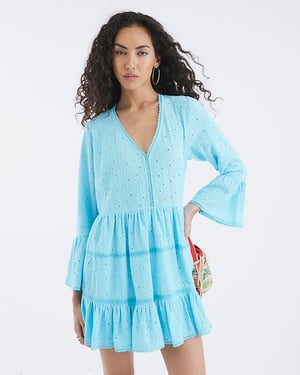 River Island Womens Beach Mini Dress Blue Broderie Long Sleeve