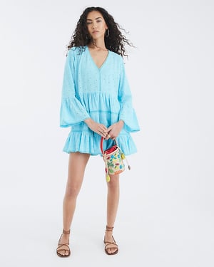 River Island Womens Beach Mini Dress Blue Broderie Long Sleeve