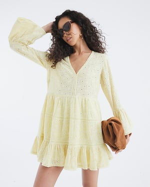 River Island Womens Beach Mini Dress Yellow Broderie Long Sleeve