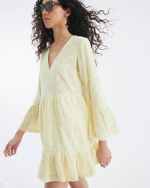 River Island Womens Beach Mini Dress Yellow Broderie Long Sleeve