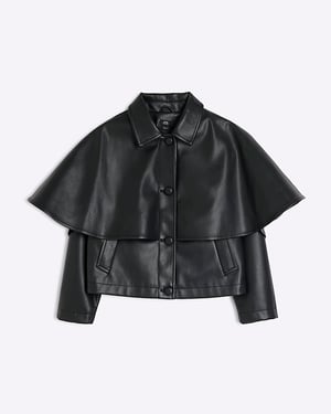 River Island Girls Cape Jacket Black Faux Leather