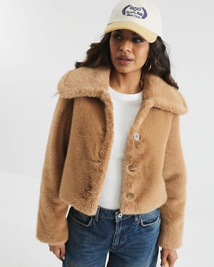 River Island Womens Jacket Petite Beige Faux Fur Button Up