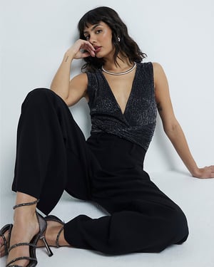 River Island Womens Bodysuit Black Sleeveless Metallic Drape