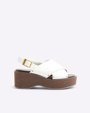 River Island Womens Wedge Sandals White Wide Fit Cross Strap