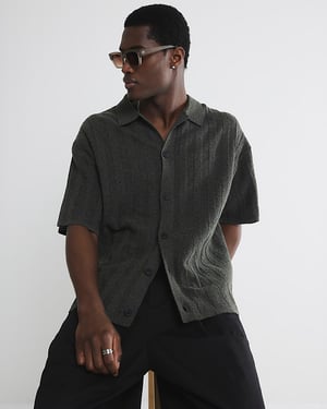 River Island Mens Shirt Khaki Boxy Fit Ribbed Boucle