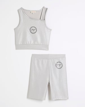 River Island Girls Asymmetric Vest & Shorts Set Silver Ri Active